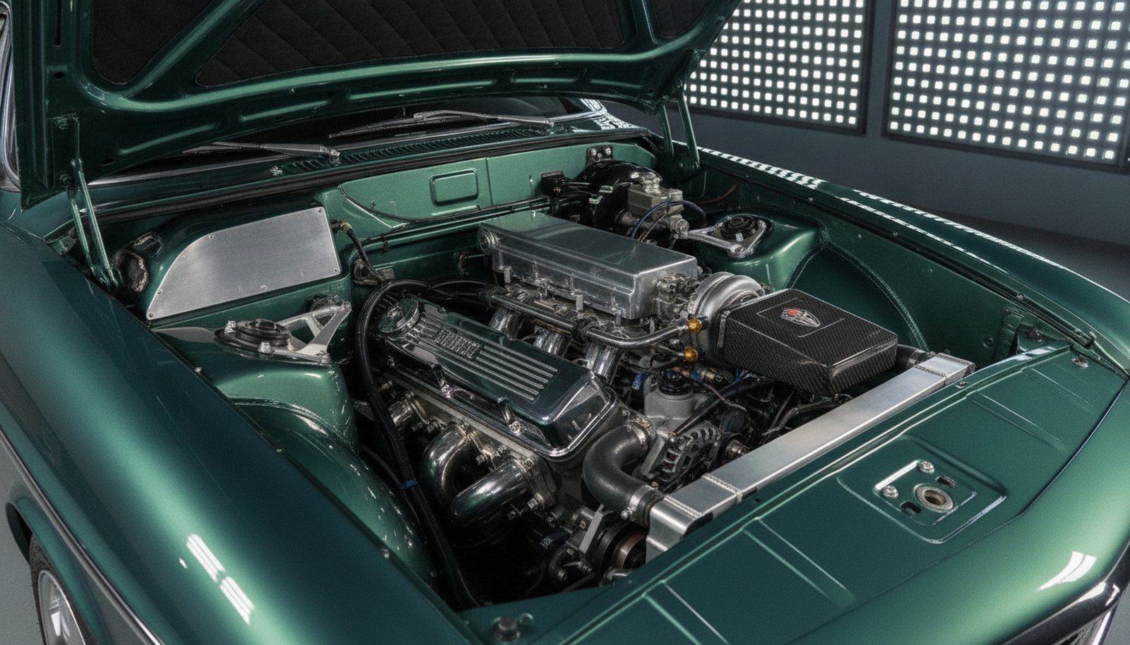 Volvo 1800ES restomod concept, modernized engine bay
