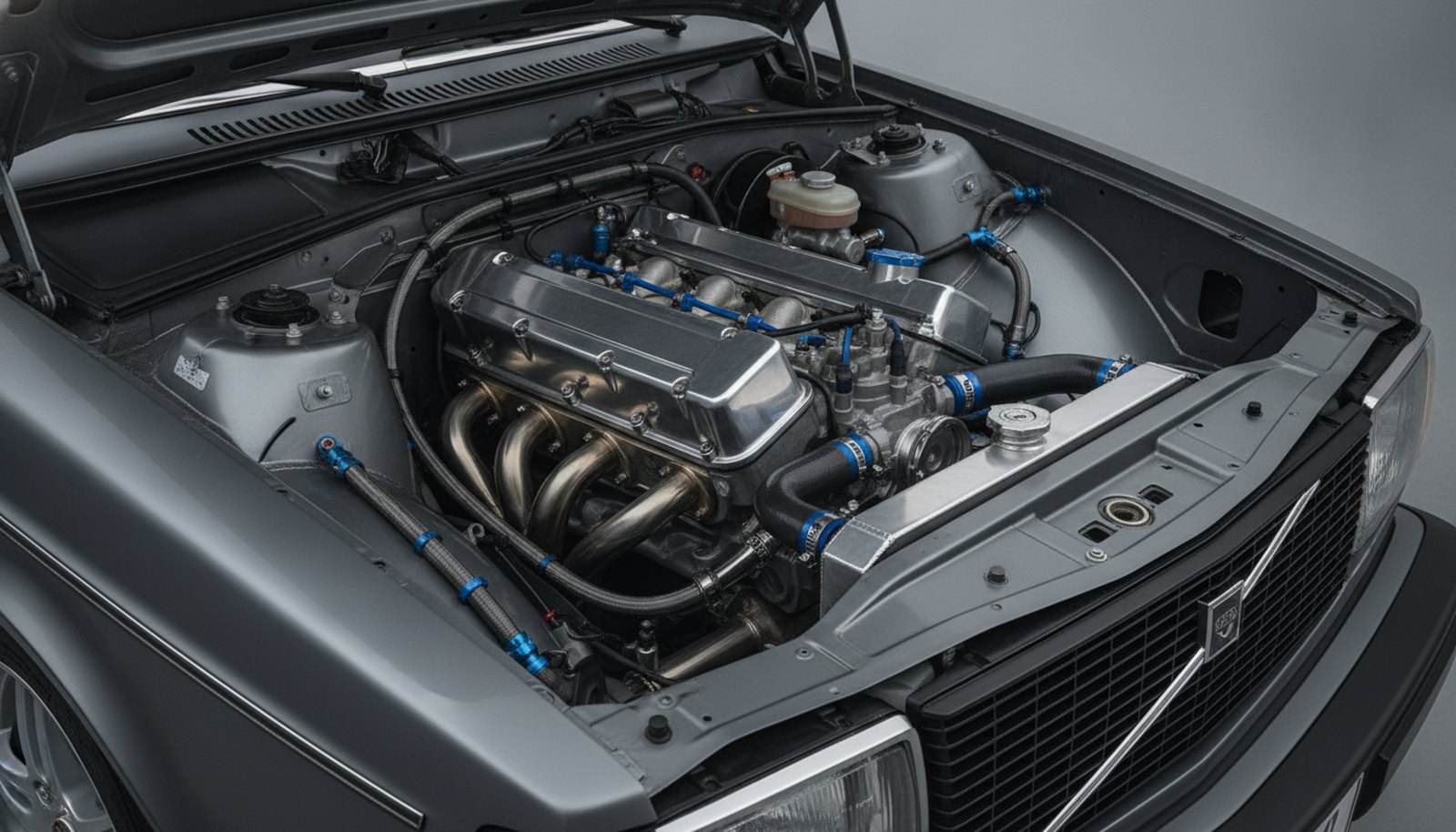 Volvo 242 restomod concept, modernized engine bay