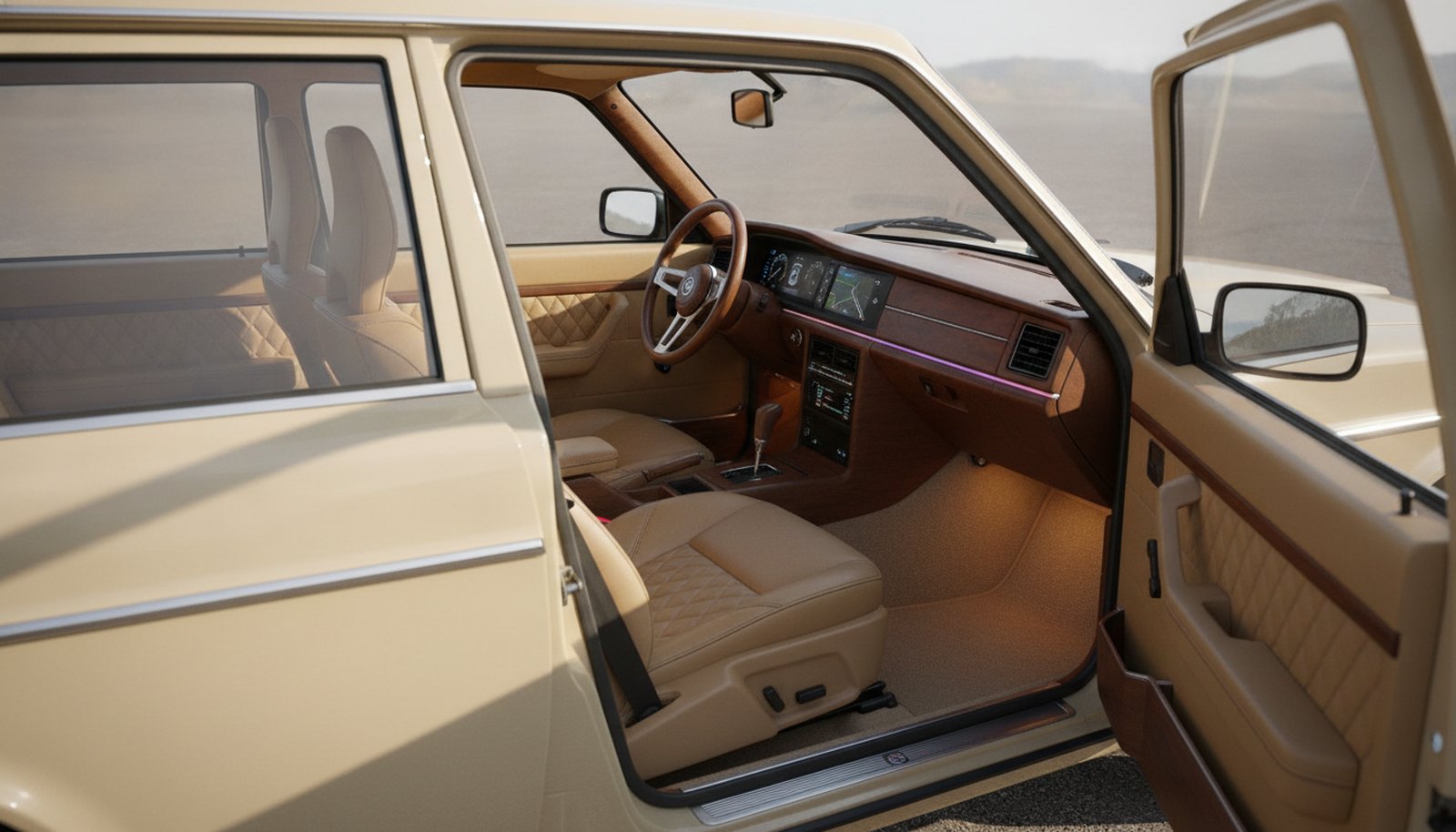Volvo 245 restomod concept, modern luxury interior with updated interfaces