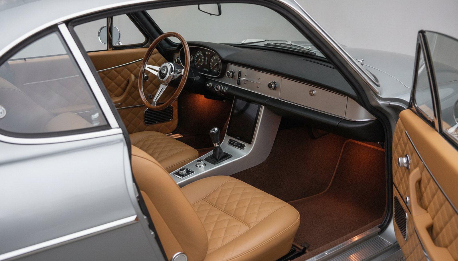 Volvo P1800 restomod concept, modern luxury interior with updated interfaces