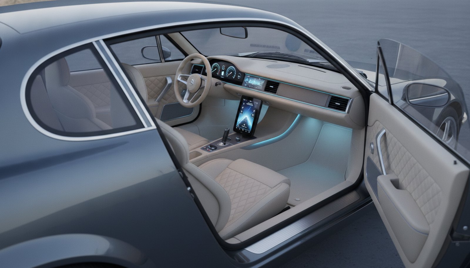 SAAB Sonett restomod concept, modern luxury interior with updated interfaces
